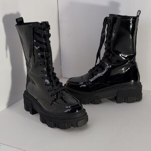 Asos Black Patent Leather Chunky Lace-Up Boots, Goth Rave